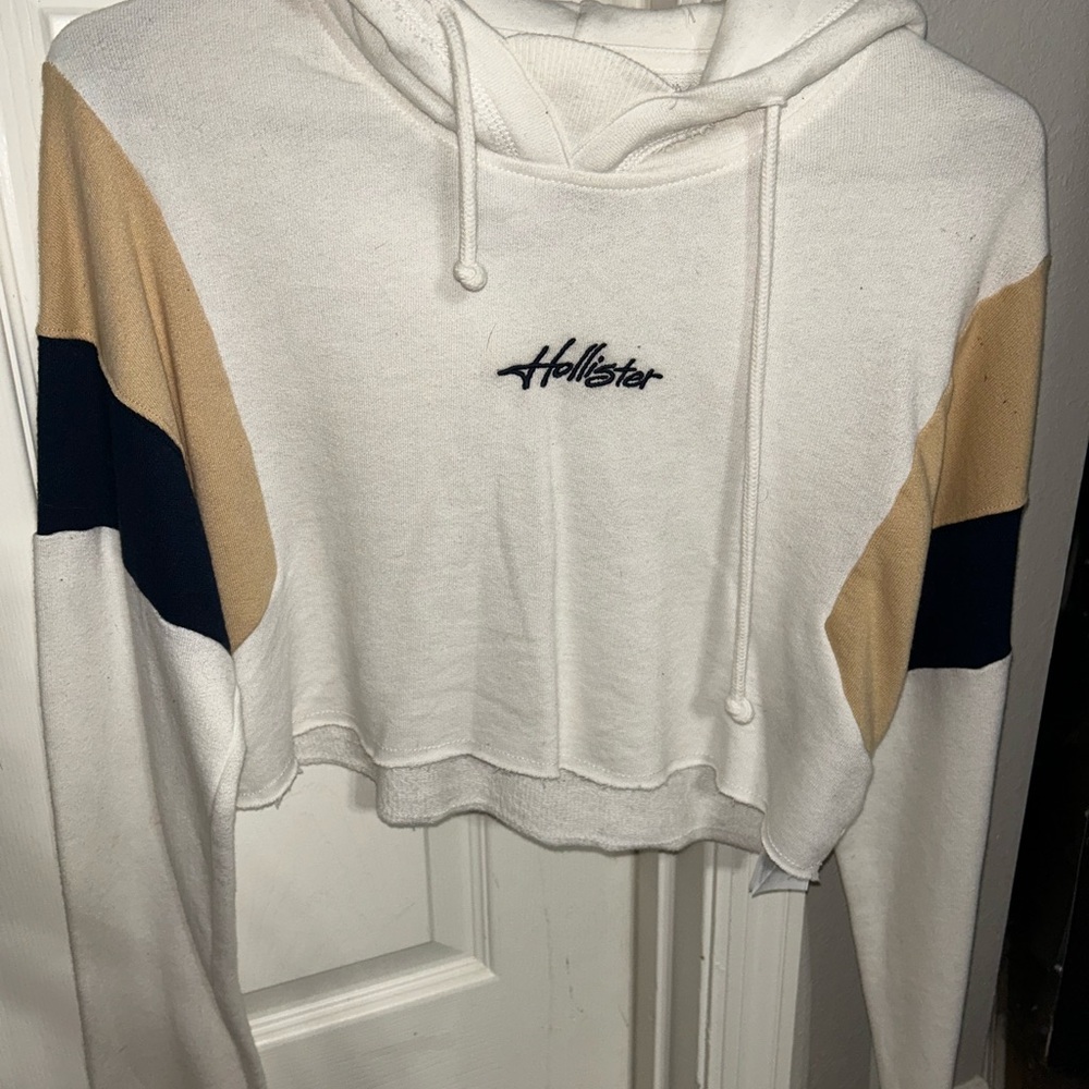 Hollister White and Tan Cropped Hoodie